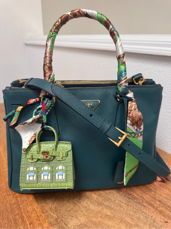 Prada Handbags - Prada Teal Saffiano Leather Satchel pm with Green Charm and Scarf-Wrapped Handle